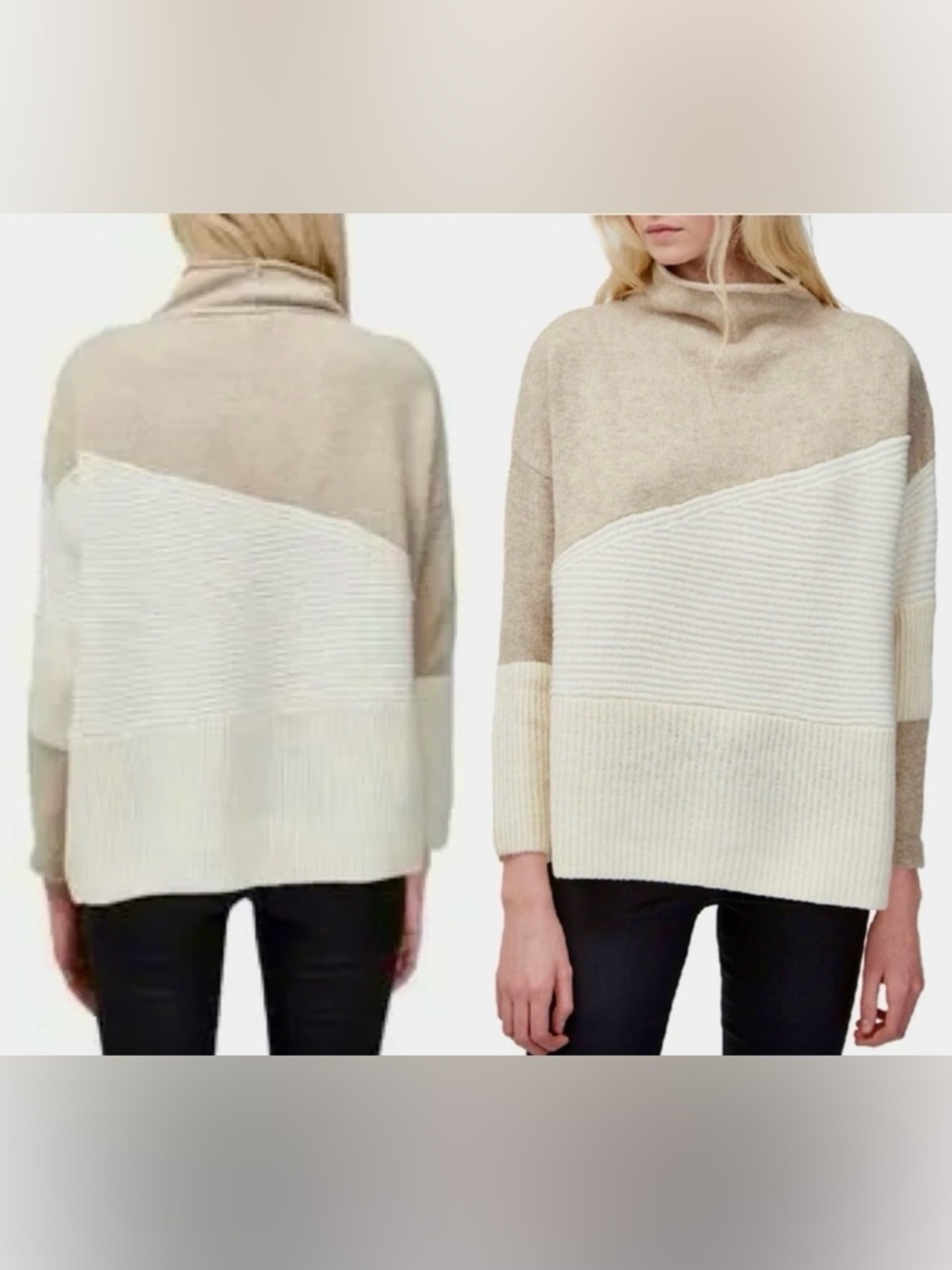 French Connection Cream and Beige Colorblock Funnel Neck Sweater